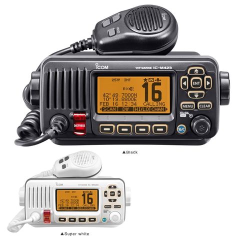 Icom IC-M423 fixed VHF/DSC radio with microphone, in black and in white